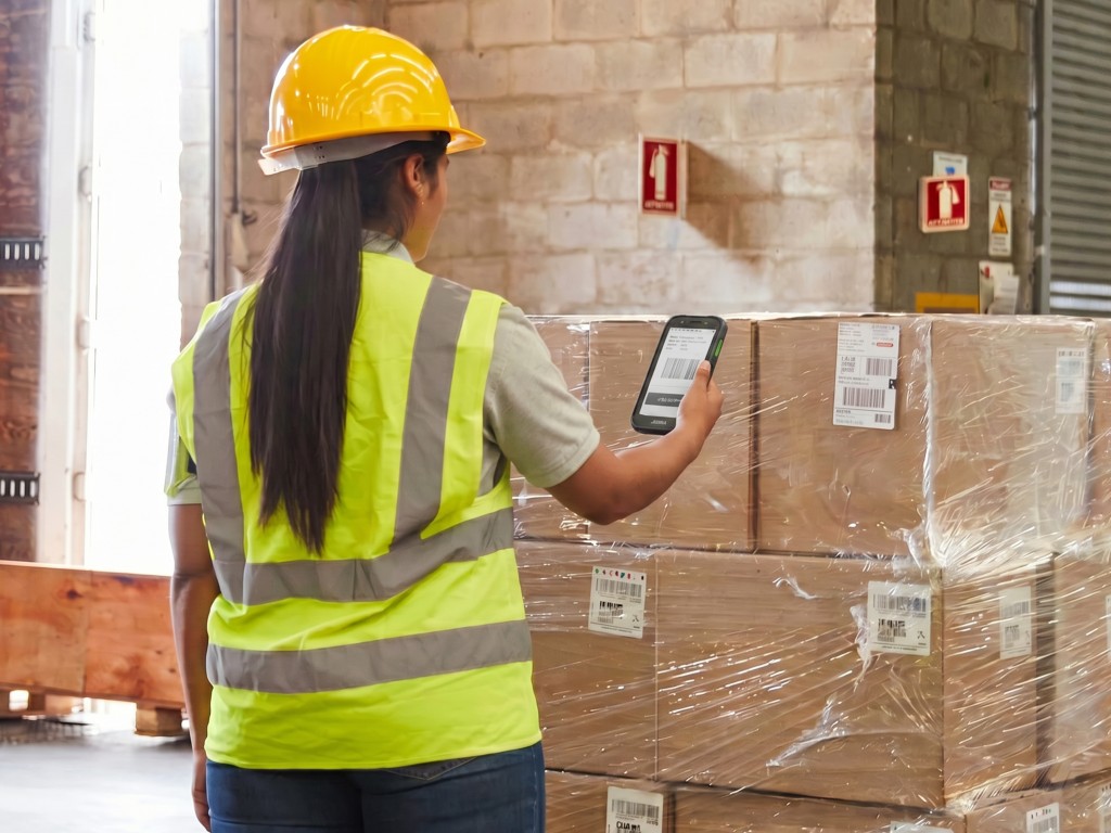 Photo of a warehouse worker using a TC501 to scan a UPC on a box.